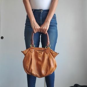 J Crew Camel Colored Leather Shoulder Bag Satchel with Crossbody Strap